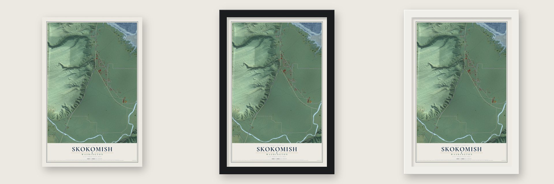 Skokomish, Washington map unframed, in a black wood frame and in a white wood frame