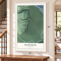 Skokomish, Washington map, 24 x 36 inch print in a white frame by a staircase