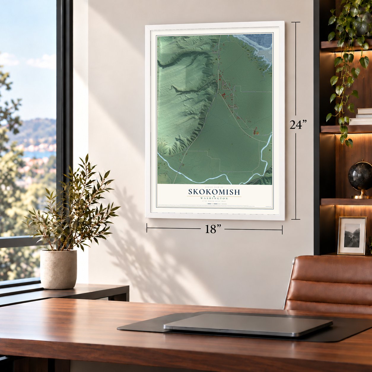 Skokomish, Washington map, 18 x 24 inch print in a white frame in a home office
