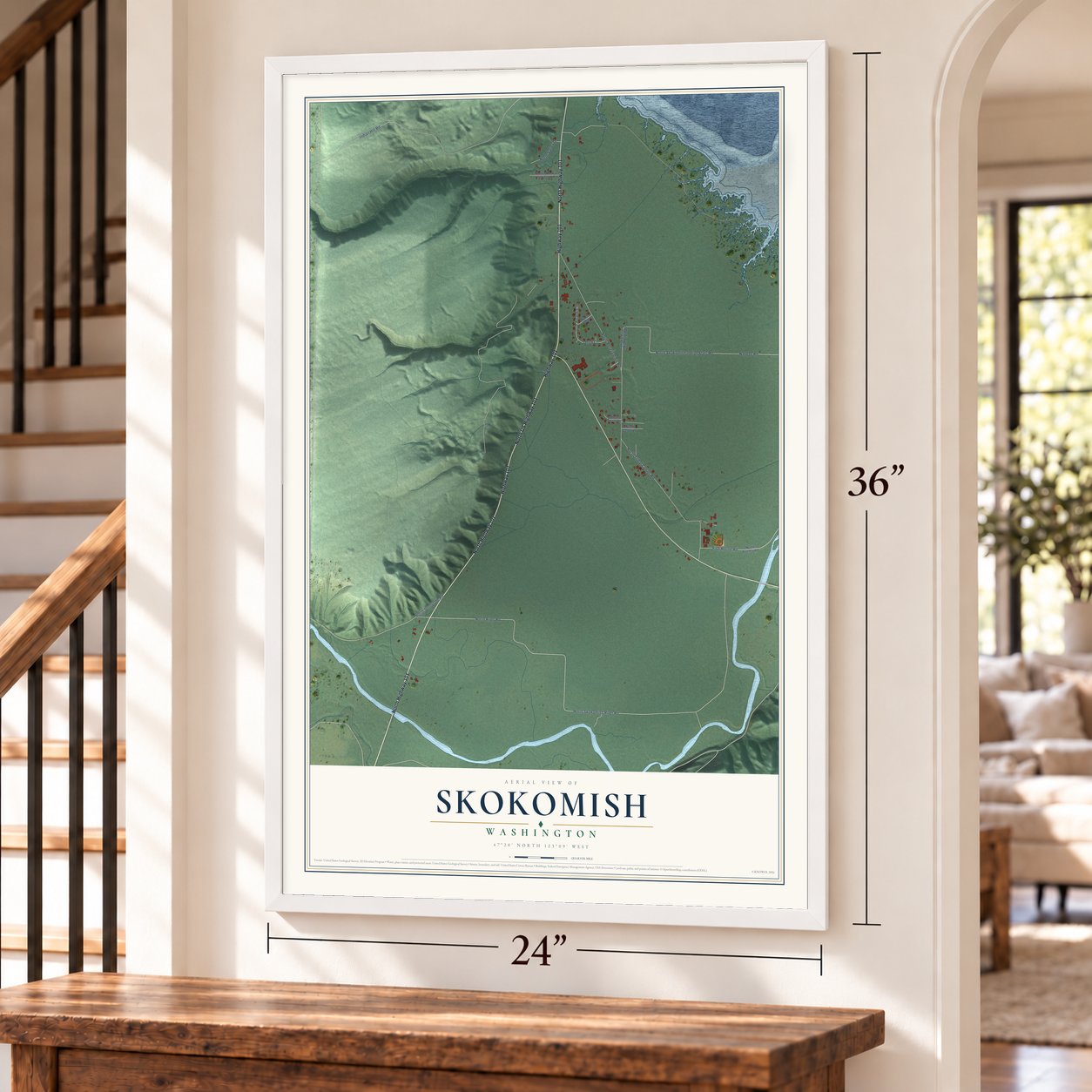 Skokomish, Washington map, 24 x 36 inch print in a white frame by a staircase