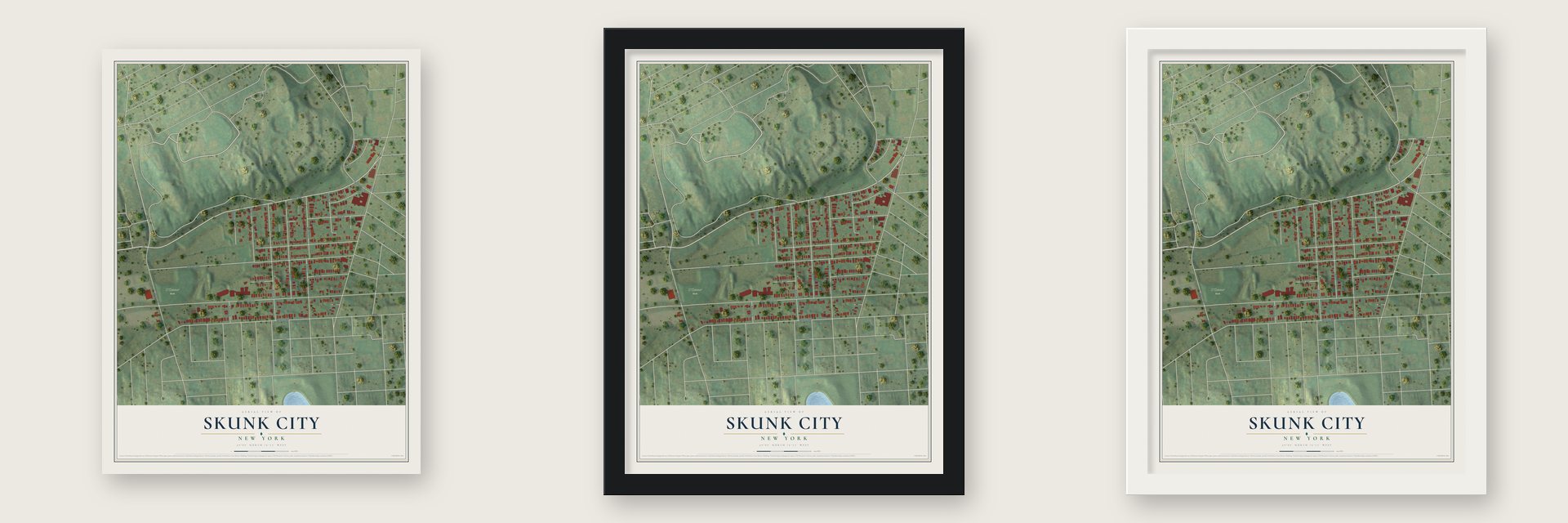 Skunk City, New York map unframed, in a black wood frame and in a white wood frame