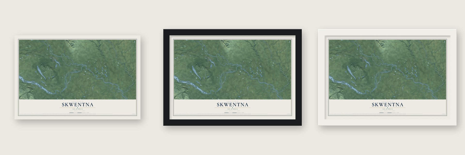 Skwentna, Alaska map unframed, in a black wood frame and in a white wood frame