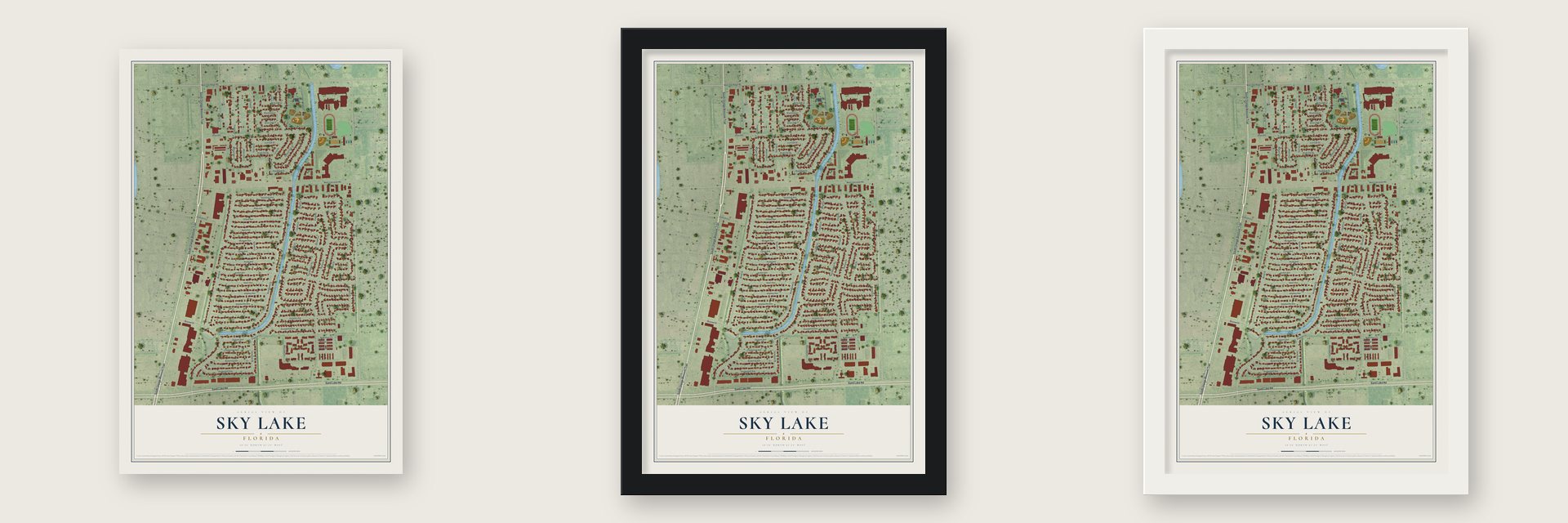 Sky Lake, Florida map unframed, in a black wood frame and in a white wood frame