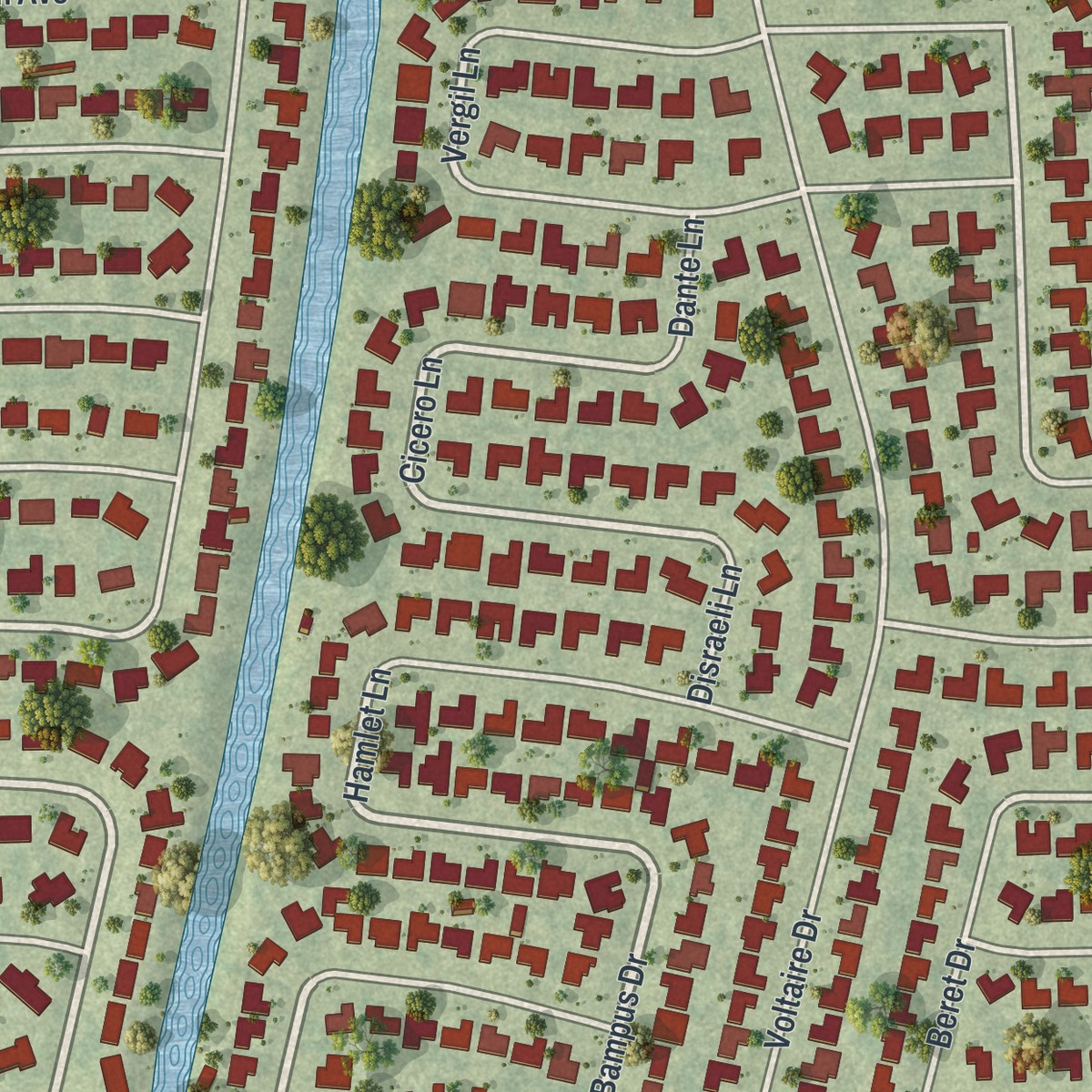 Second close-up of the map of Sky Lake, Florida print showing more streets and buildings