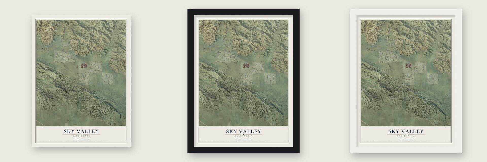 Sky Valley, California map unframed, in a black wood frame and in a white wood frame