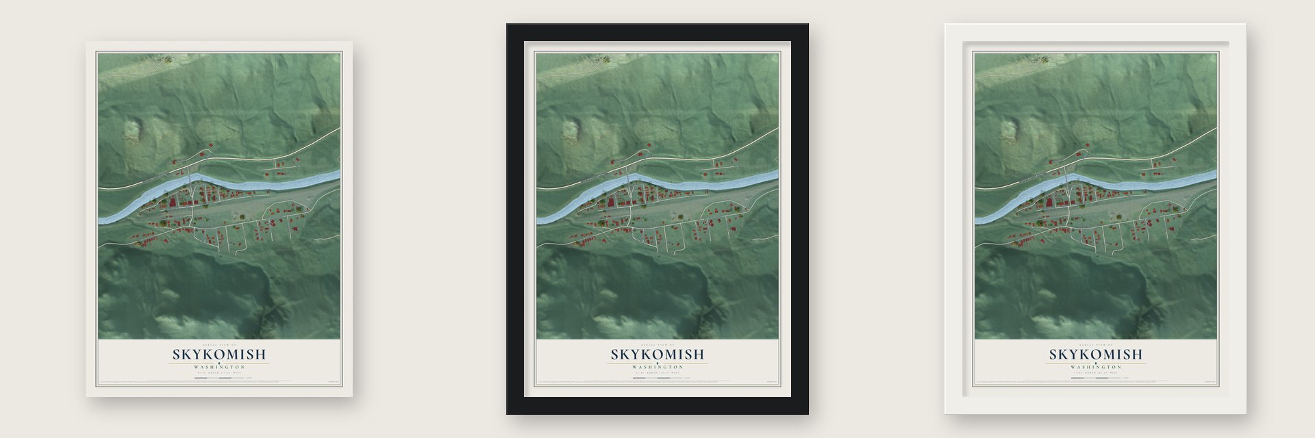 Skykomish, Washington map unframed, in a black wood frame and in a white wood frame