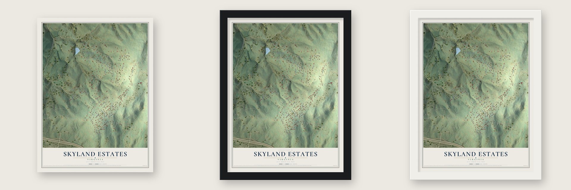 Skyland Estates, Virginia map unframed, in a black wood frame and in a white wood frame