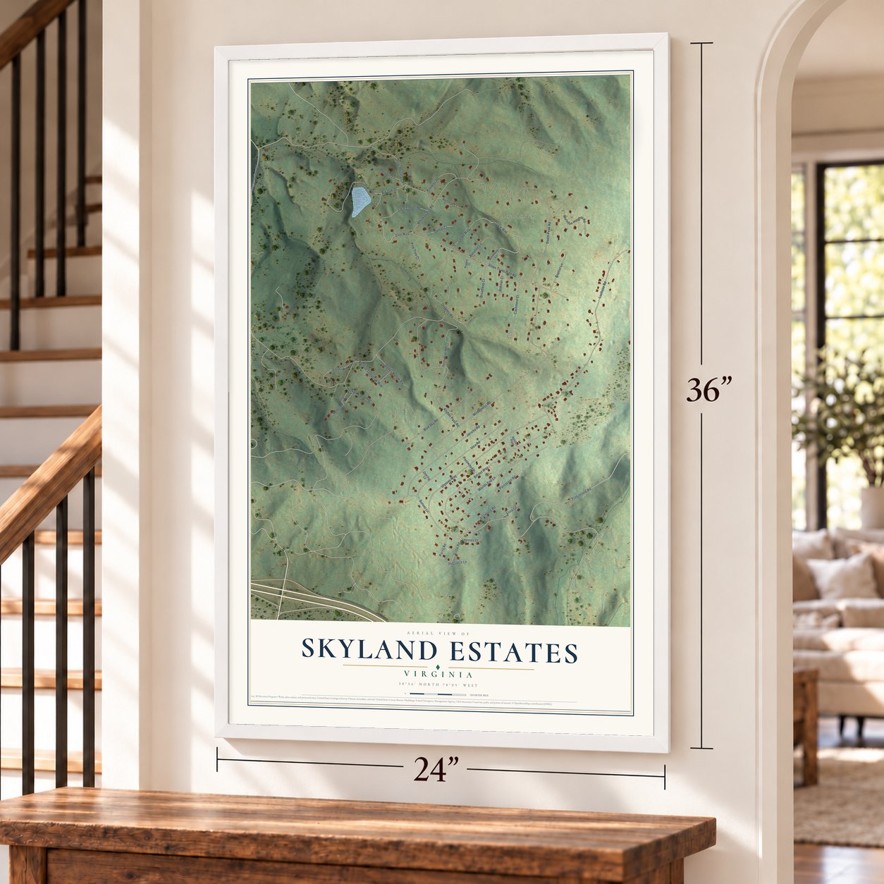 Skyland Estates, Virginia map, 24 x 36 inch print in a white frame by a staircase