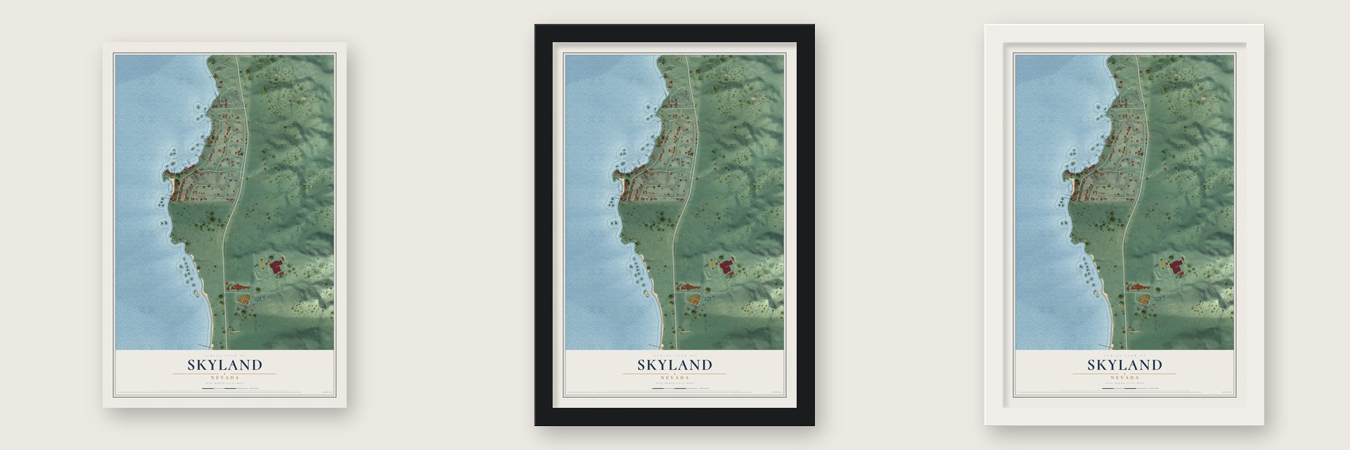 Skyland, Nevada map unframed, in a black wood frame and in a white wood frame