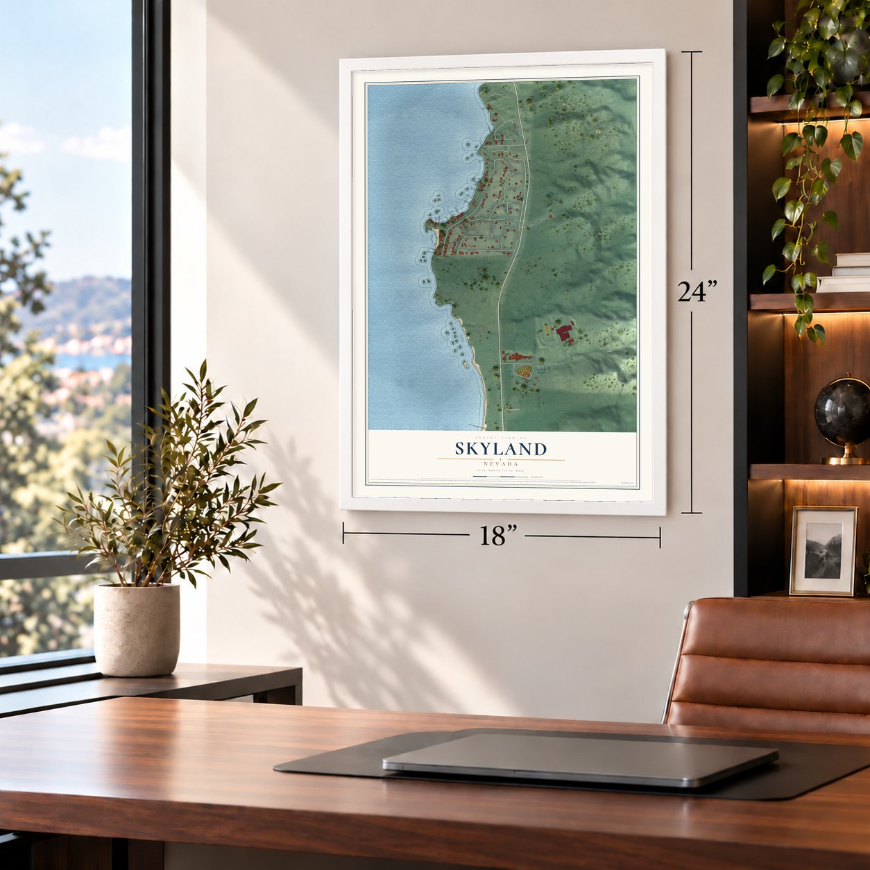Skyland, Nevada map, 18 x 24 inch print in a white frame in a home office