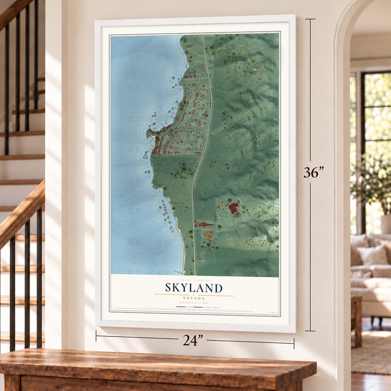 Skyland, Nevada map, 24 x 36 inch print in a white frame by a staircase