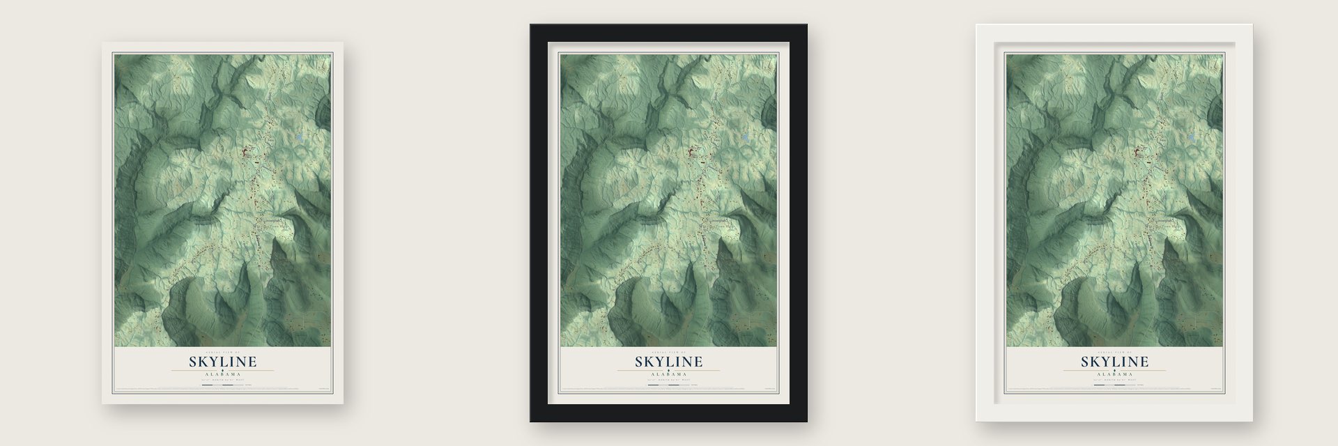 Skyline, Alabama map unframed, in a black wood frame and in a white wood frame