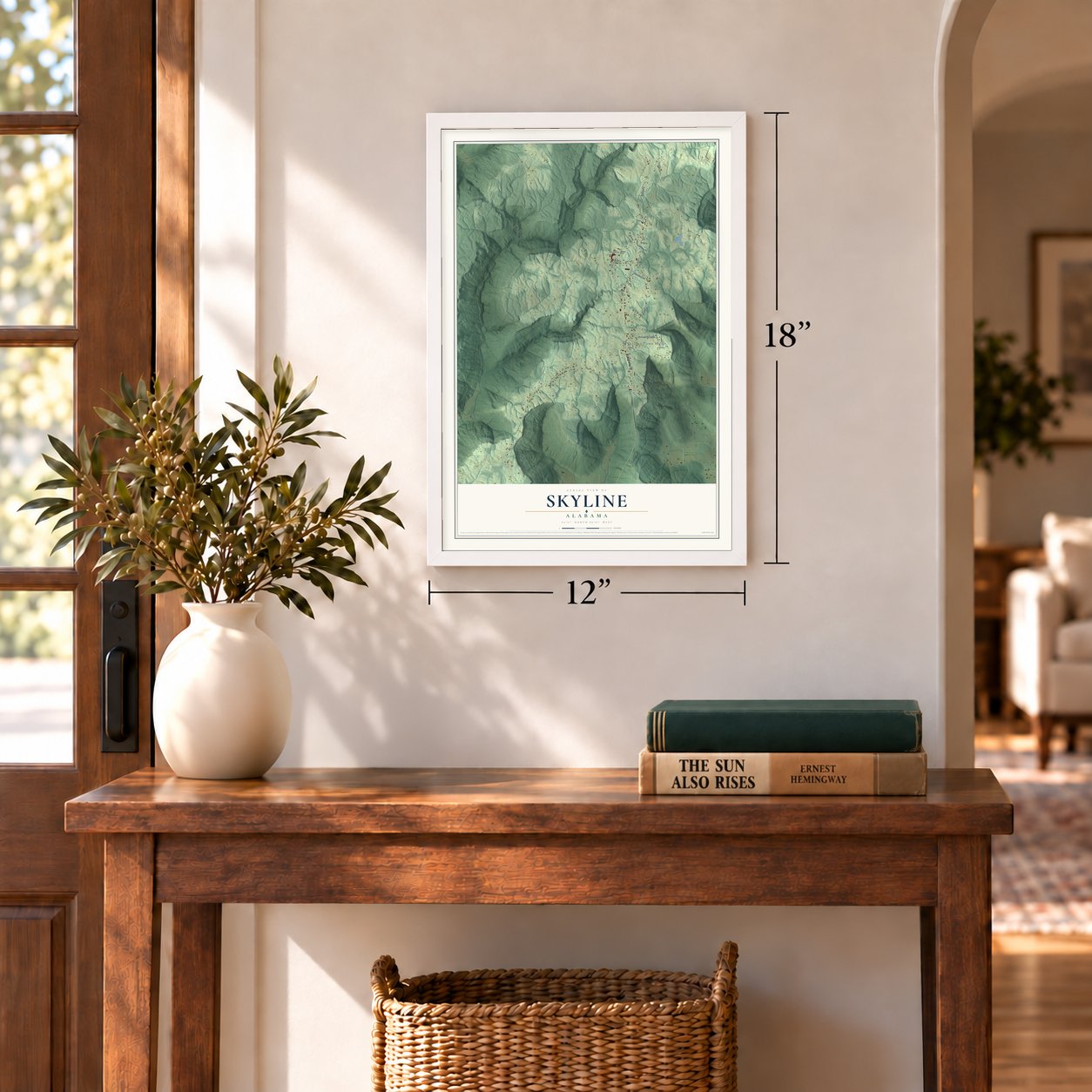 Skyline, Alabama map, 12 x 18 inch print in a white frame in an entryway