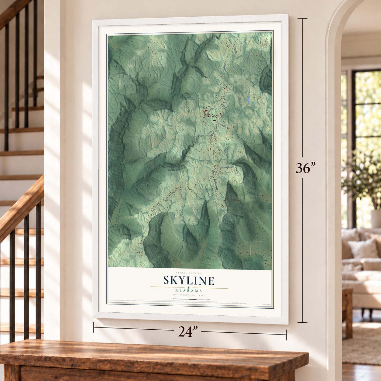 Skyline, Alabama map, 24 x 36 inch print in a white frame by a staircase