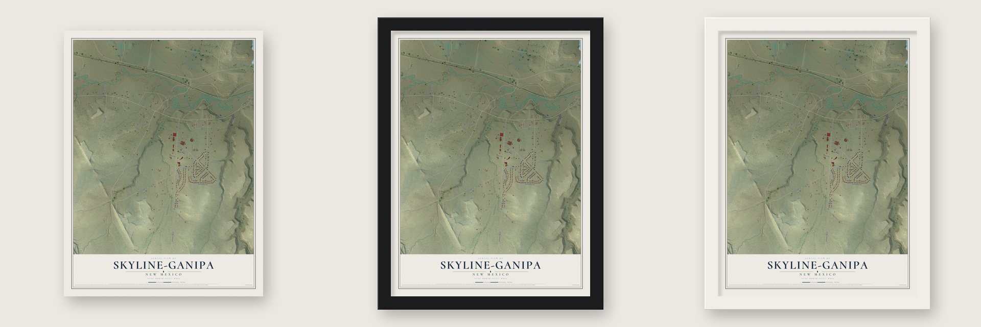 Skyline-Ganipa, New Mexico map unframed, in a black wood frame and in a white wood frame