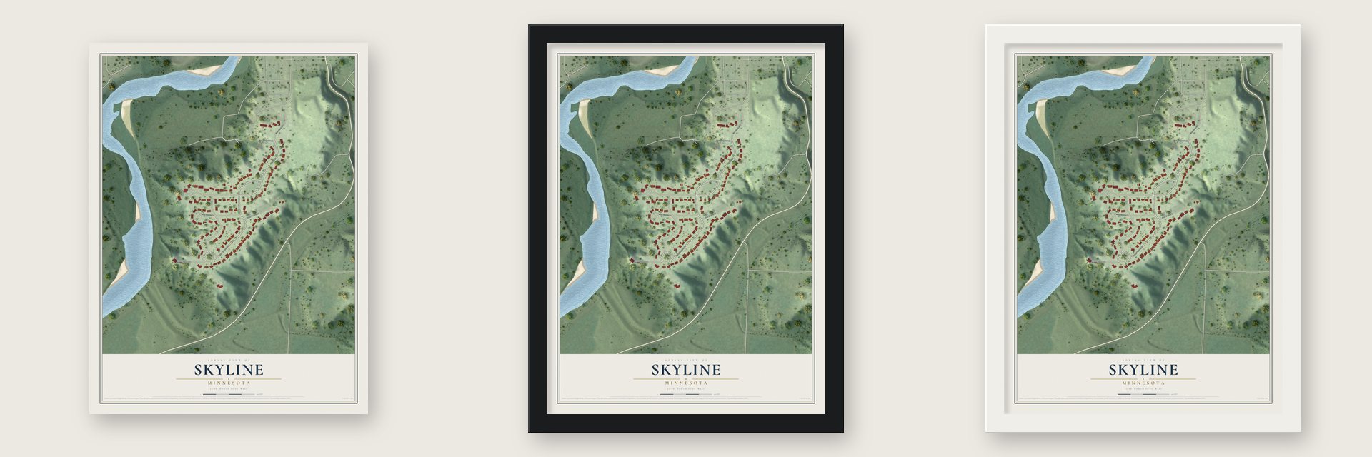 Skyline, Minnesota map unframed, in a black wood frame and in a white wood frame
