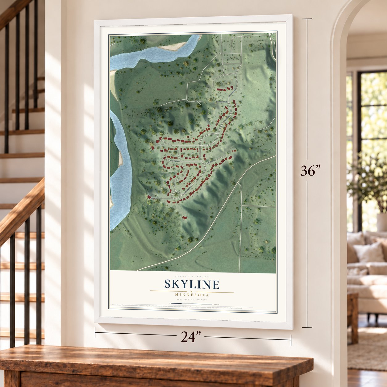 Skyline, Minnesota map, 24 x 36 inch print in a white frame by a staircase