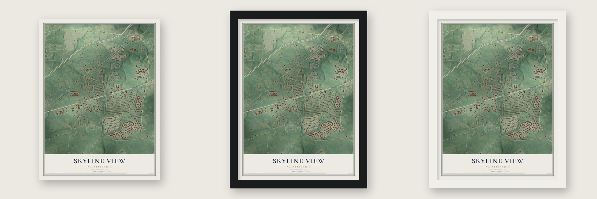 Skyline View, Pennsylvania map unframed, in a black wood frame and in a white wood frame