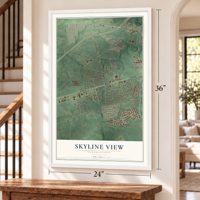 Skyline View, Pennsylvania map, 24 x 36 inch print in a white frame by a staircase
