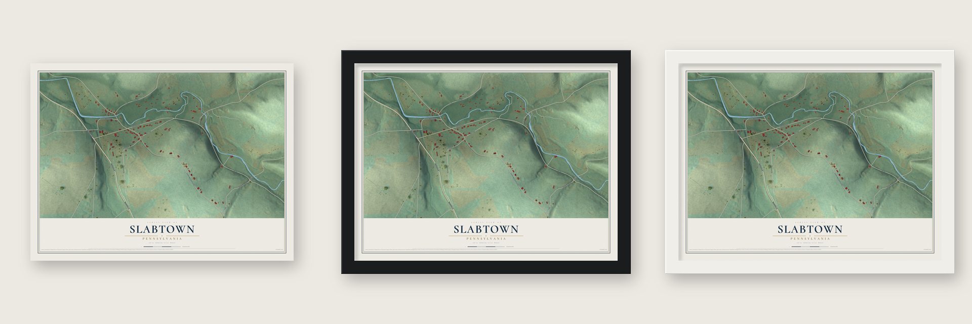 Slabtown, Pennsylvania map unframed, in a black wood frame and in a white wood frame