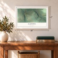 Slabtown, Pennsylvania map, 12 x 18 inch print in a white frame in an entryway