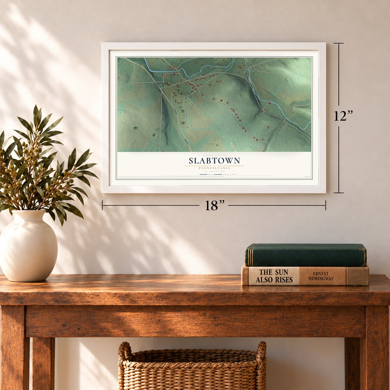 Slabtown, Pennsylvania map, 12 x 18 inch print in a white frame in an entryway