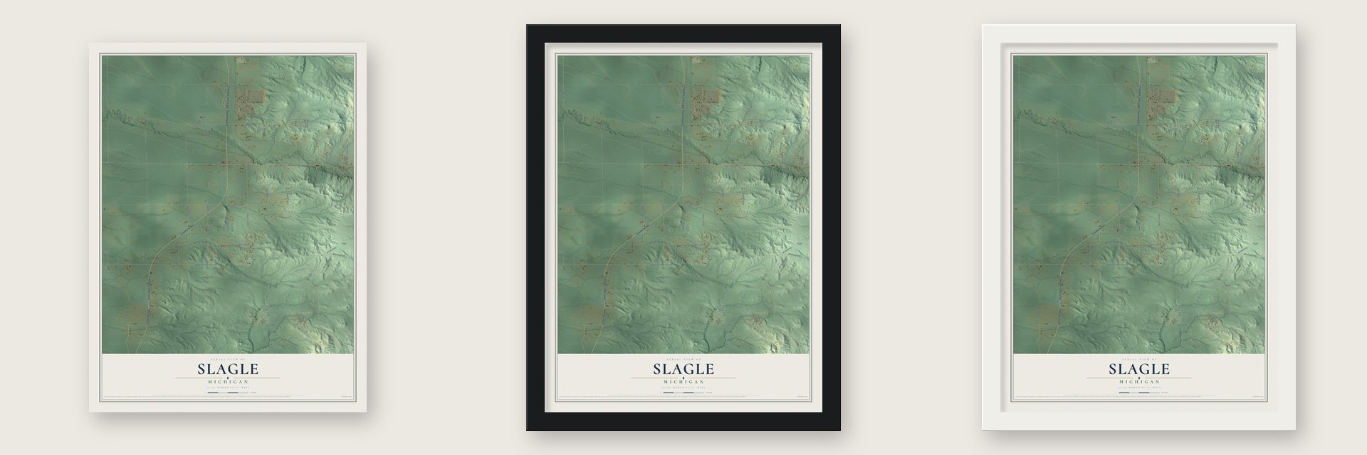 Slagle, Michigan map unframed, in a black wood frame and in a white wood frame