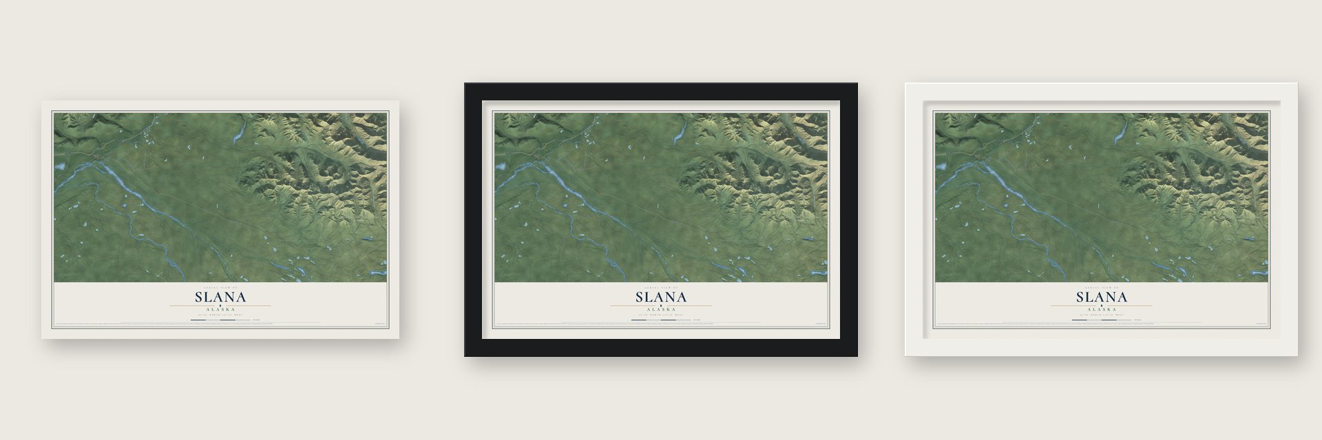 Slana, Alaska map unframed, in a black wood frame and in a white wood frame