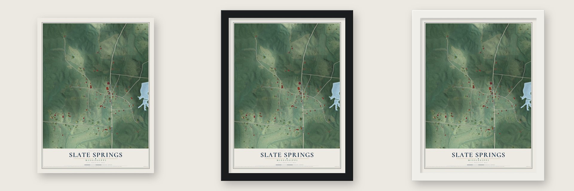 Slate Springs, Mississippi map unframed, in a black wood frame and in a white wood frame