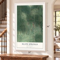Slate Springs, Mississippi map, 24 x 36 inch print in a white frame by a staircase