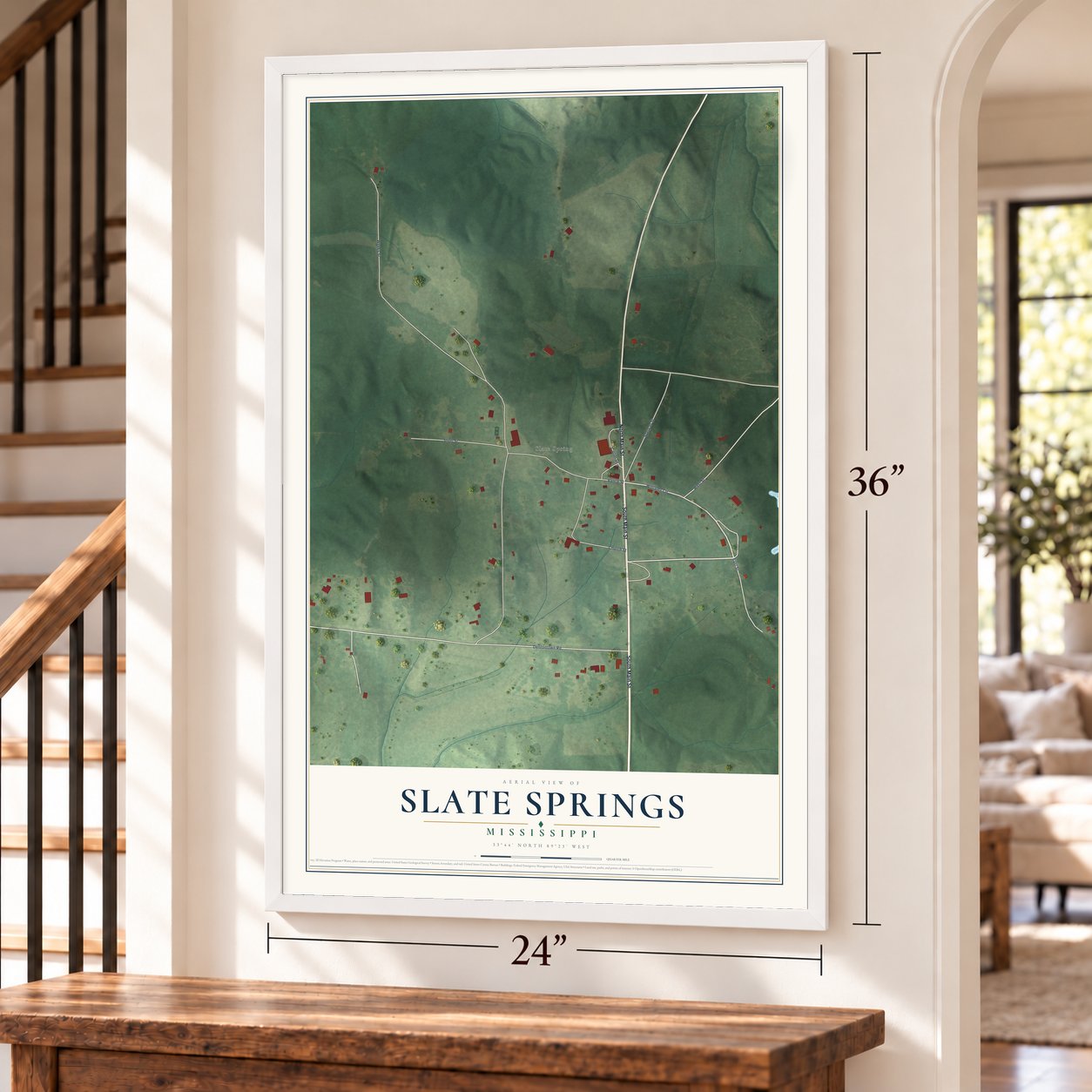 Slate Springs, Mississippi map, 24 x 36 inch print in a white frame by a staircase