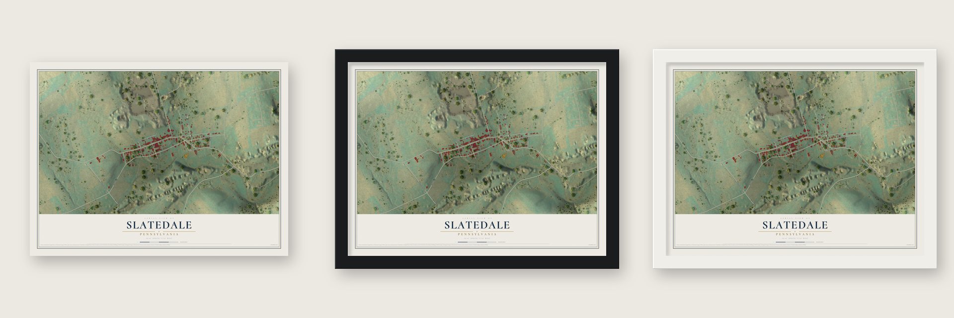 Slatedale, Pennsylvania map unframed, in a black wood frame and in a white wood frame
