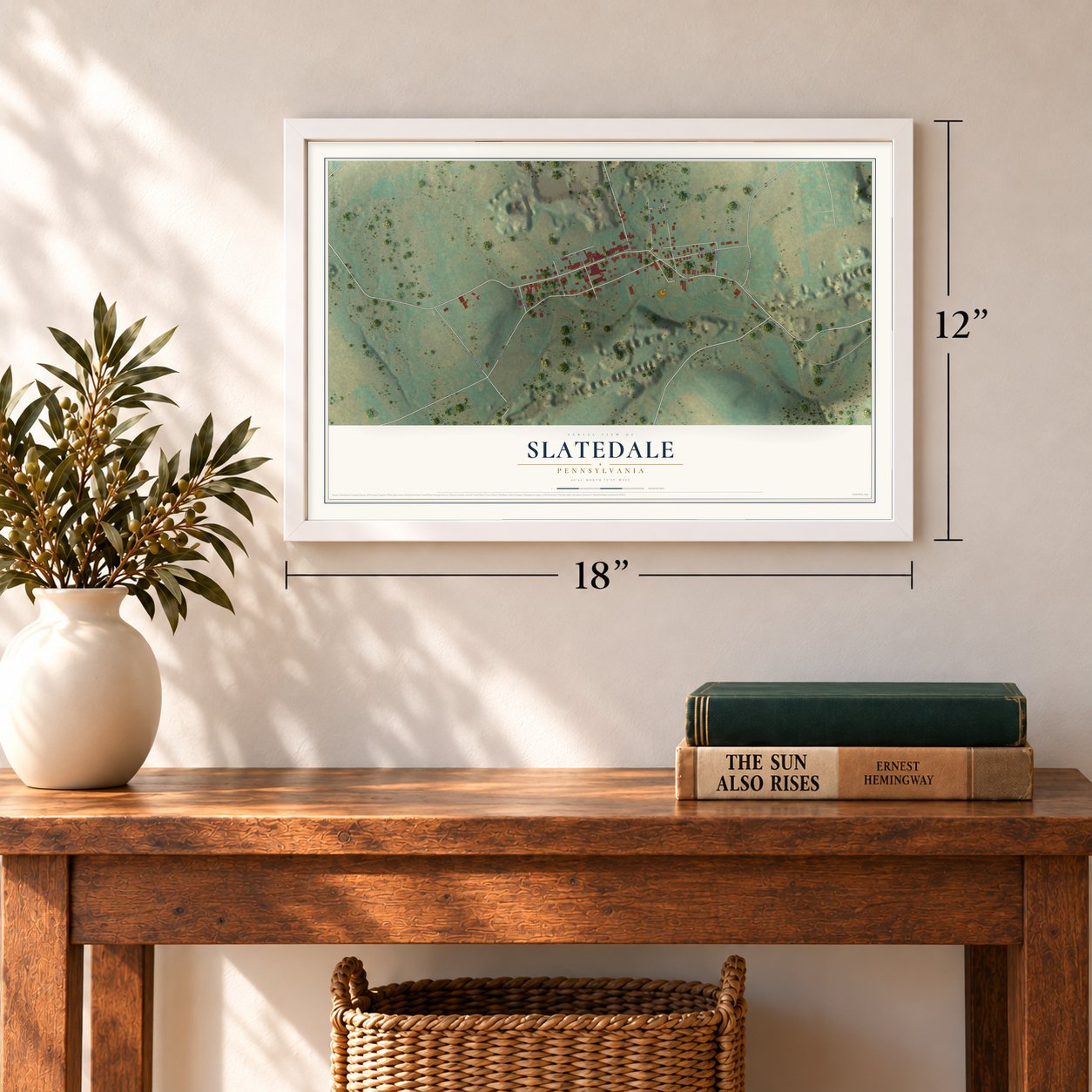 Slatedale, Pennsylvania map, 12 x 18 inch print in a white frame in an entryway
