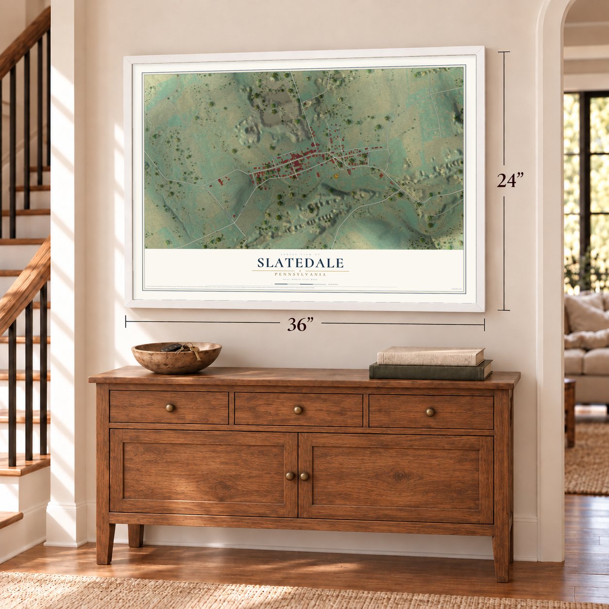 Slatedale, Pennsylvania map, 24 x 36 inch print in a white frame above a dresser by a staircase
