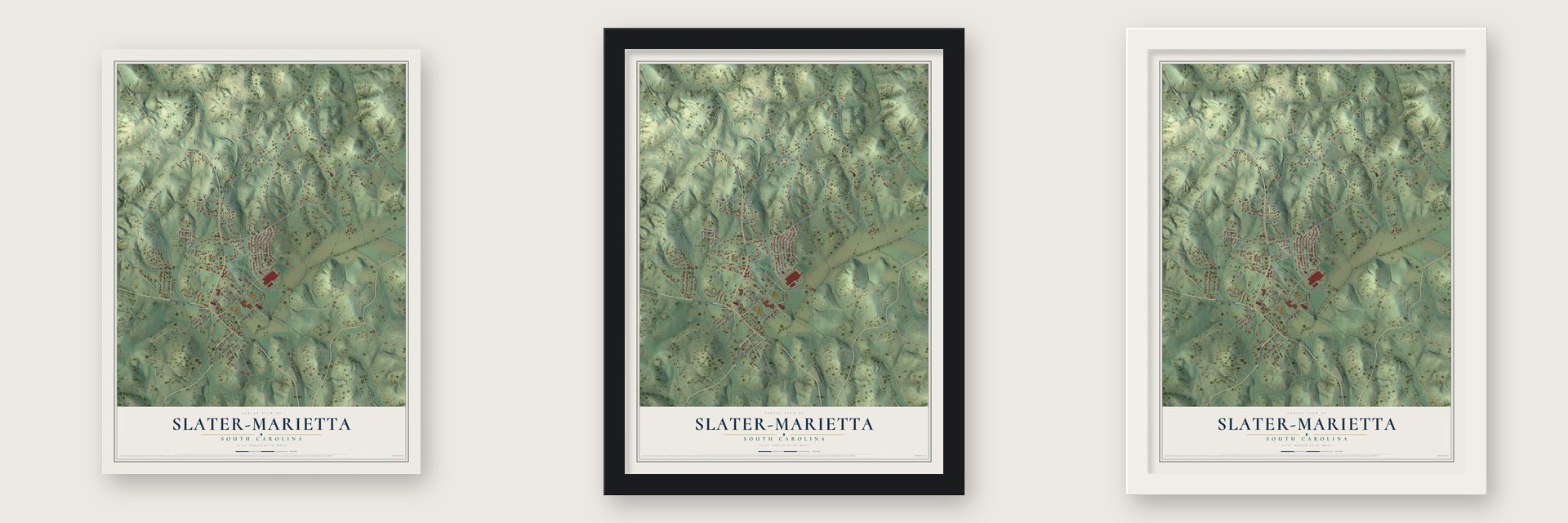 Slater-Marietta, South Carolina map unframed, in a black wood frame and in a white wood frame