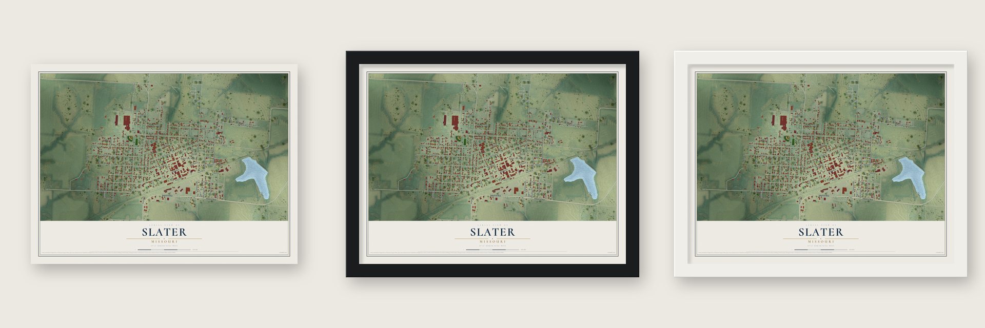 Slater, Missouri map unframed, in a black wood frame and in a white wood frame