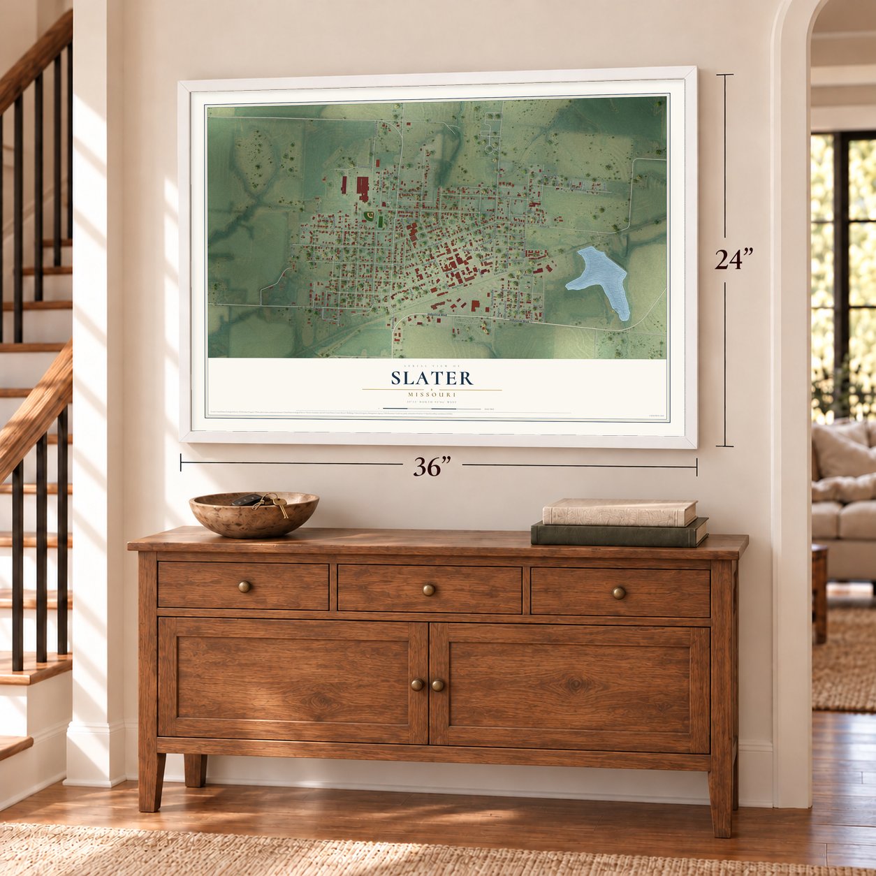 Slater, Missouri map, 24 x 36 inch print in a white frame above a dresser by a staircase