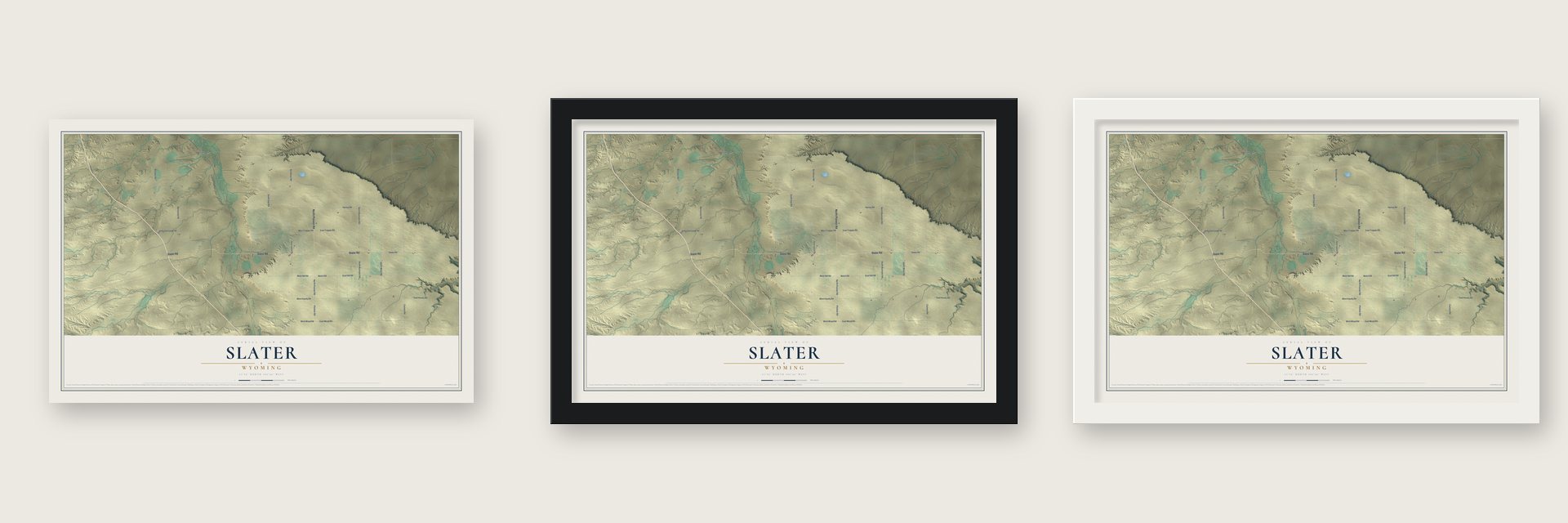Slater, Wyoming map unframed, in a black wood frame and in a white wood frame