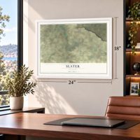 Slater, Wyoming map, 18 x 24 inch print in a white frame in a home office