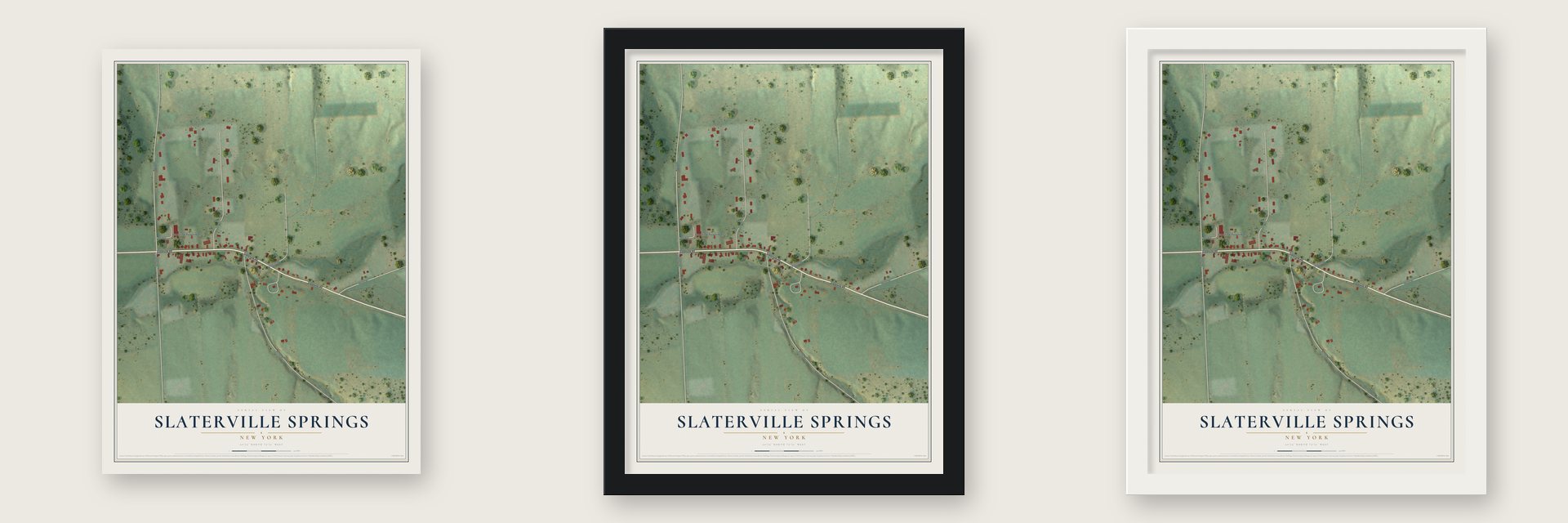 Slaterville Springs, New York map unframed, in a black wood frame and in a white wood frame