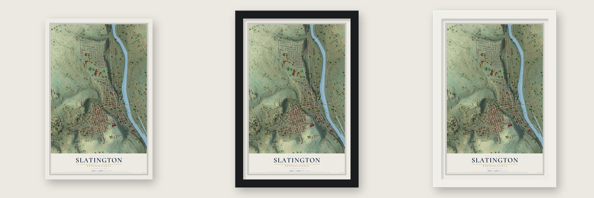 Slatington, Pennsylvania map unframed, in a black wood frame and in a white wood frame