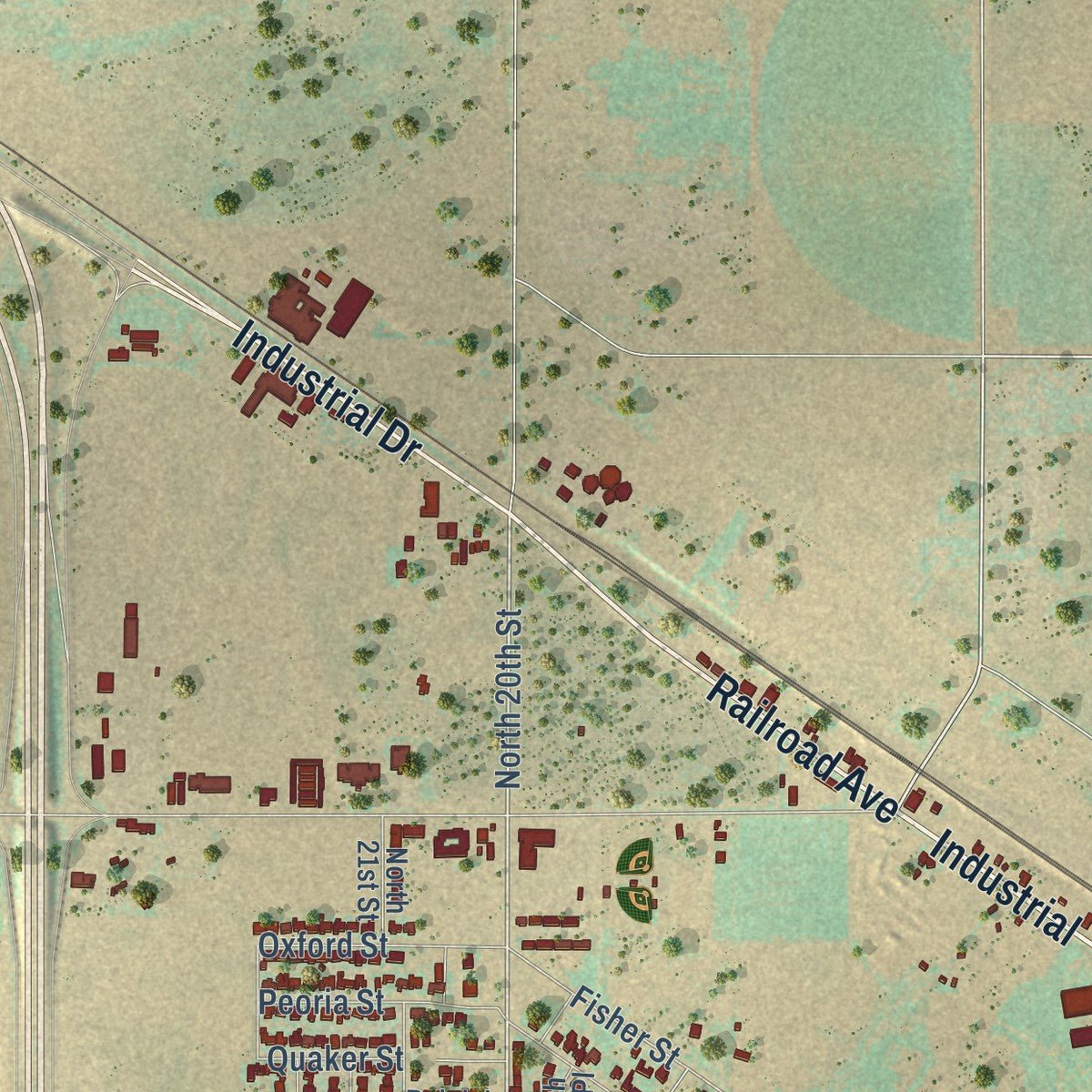 Second close-up of the map of Slaton, Texas print showing more streets and buildings
