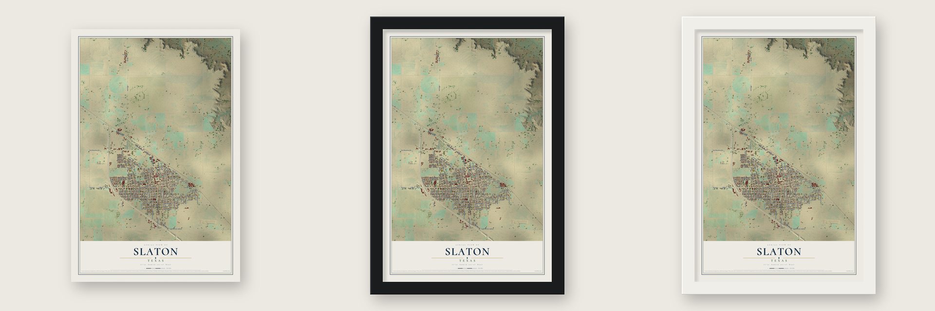 Slaton, Texas map unframed, in a black wood frame and in a white wood frame