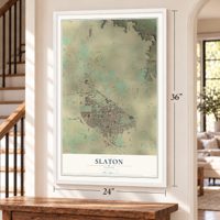 Slaton, Texas map, 24 x 36 inch print in a white frame by a staircase