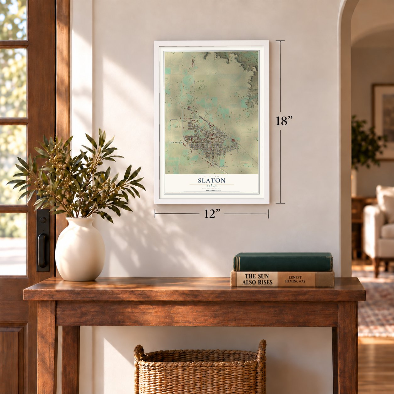 Slaton, Texas map, 12 x 18 inch print in a white frame in an entryway