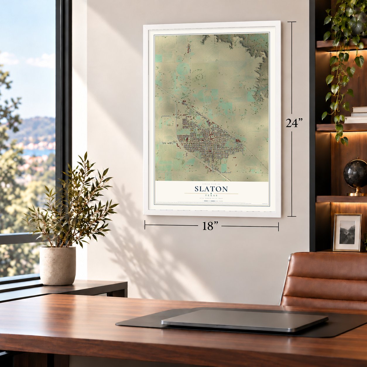 Slaton, Texas map, 18 x 24 inch print in a white frame in a home office
