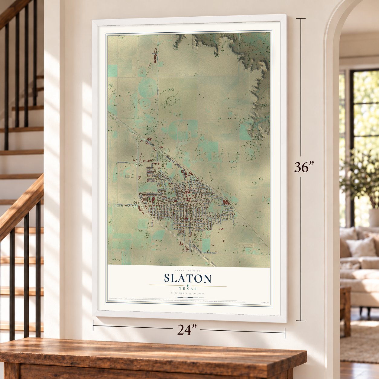 Slaton, Texas map, 24 x 36 inch print in a white frame by a staircase
