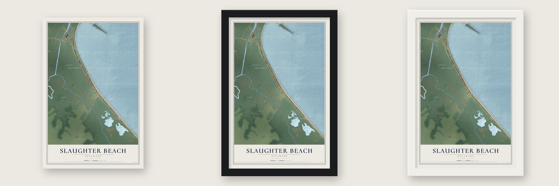 Slaughter Beach, Delaware map unframed, in a black wood frame and in a white wood frame