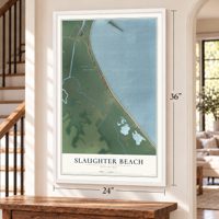 Slaughter Beach, Delaware map, 24 x 36 inch print in a white frame by a staircase
