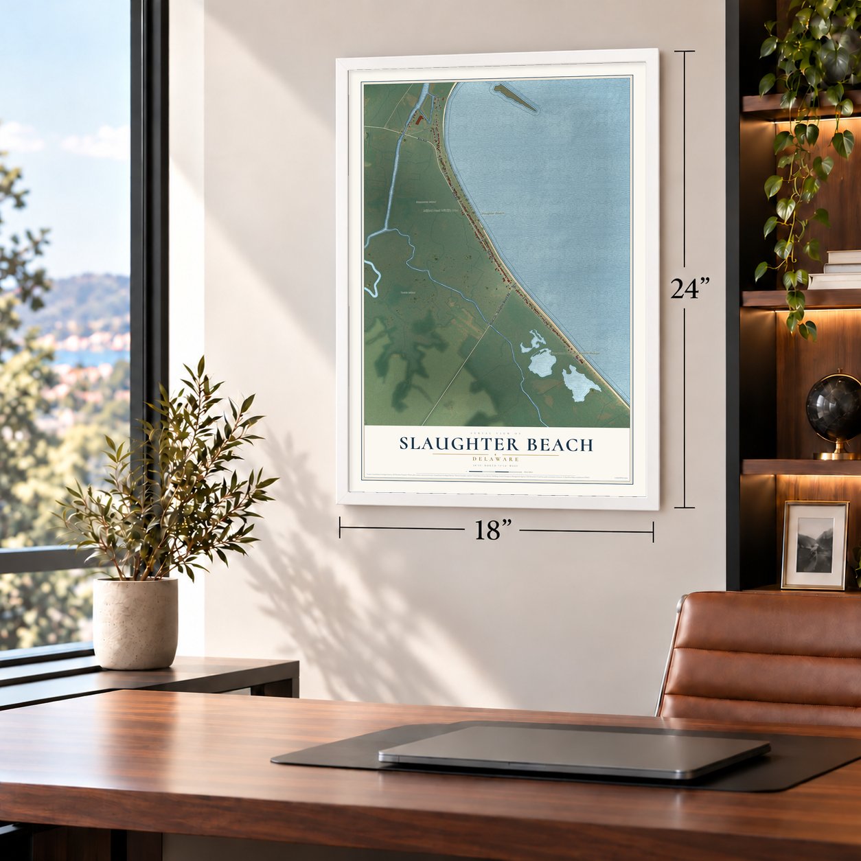 Slaughter Beach, Delaware map, 18 x 24 inch print in a white frame in a home office